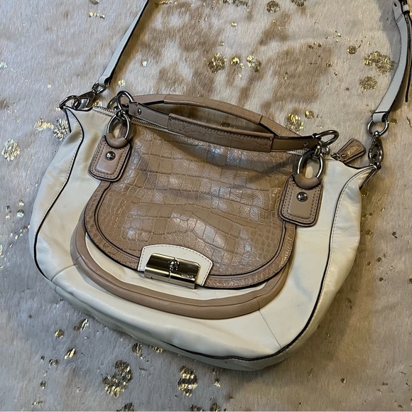 Coach Kristin Satchel Leather White & Tan Croc Embossed Crossbody Bag - Picture 3 of 14
